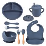 9-Piece Baby Tableware Set Silicone Smiley Dinner Plate Bib Bowl Spoon Fork Cup Silicone Baby Feeding Set