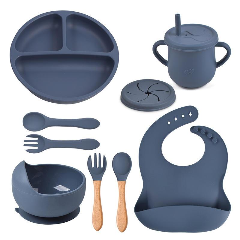 9-Piece Baby Tableware Set Silicone Smiley Dinner Plate Bib Bowl Spoon Fork Cup Silicone Baby Feeding Set